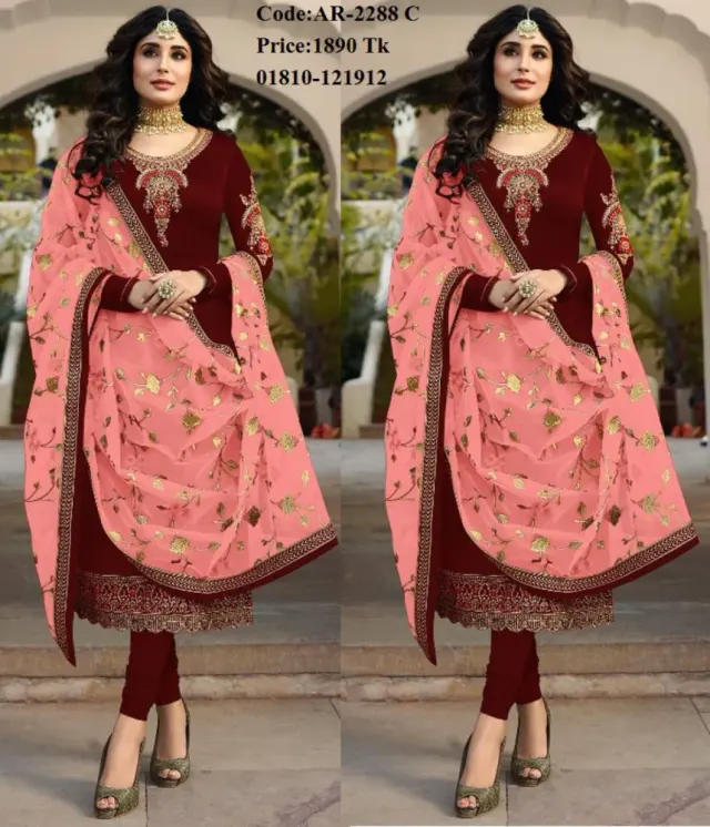 Maroon & Pink Embroidered Georgette Semi-Stitched Salwar Suit