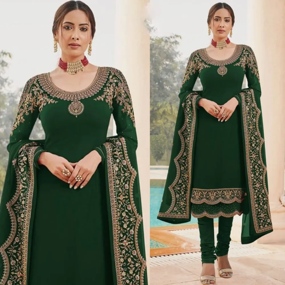 Green Luxury Embroidered Weightless Georgette 4-Piece Set for Women - Shopemart