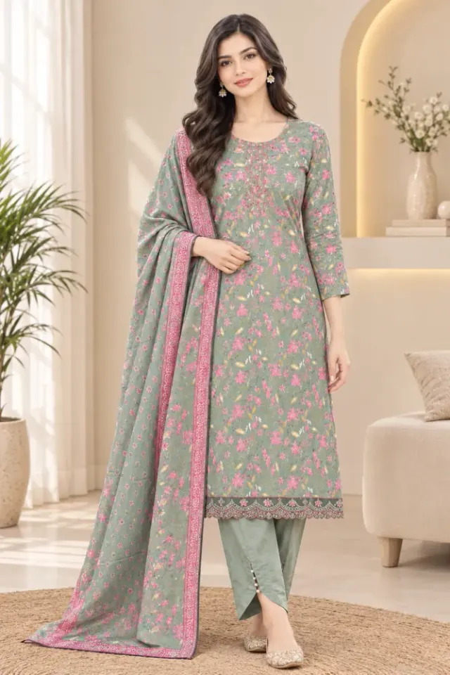 Sage Grey Soft Cotton Digital Print Embroidered 3-Piece Salwar Kameez