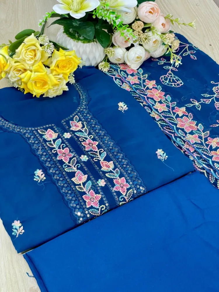 Teal Blue Luxury Embroidered Weightless Georgette 4-Piece Set for Women - Shopemart 1