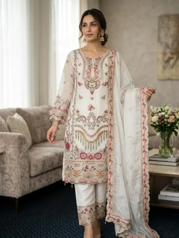 White Premium Embroidered Jimmy Chu Georgette 4-Piece Set for Women