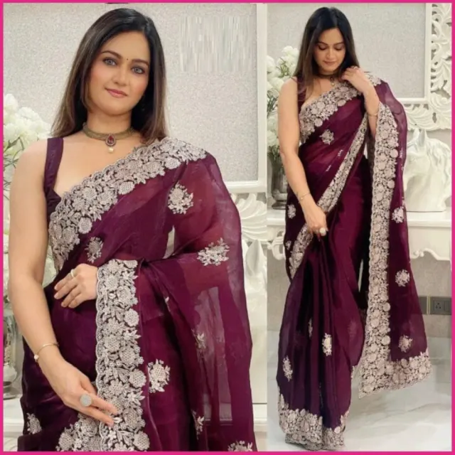 Luxury Wine Purple Georgette Saree – Elegant Embroidered Party & Wedding Wear for Women