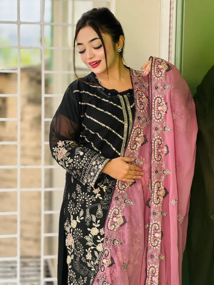 Black Luxury Embroidered Weightless Georgette 4-Piece Set for Women - Shopemart 1