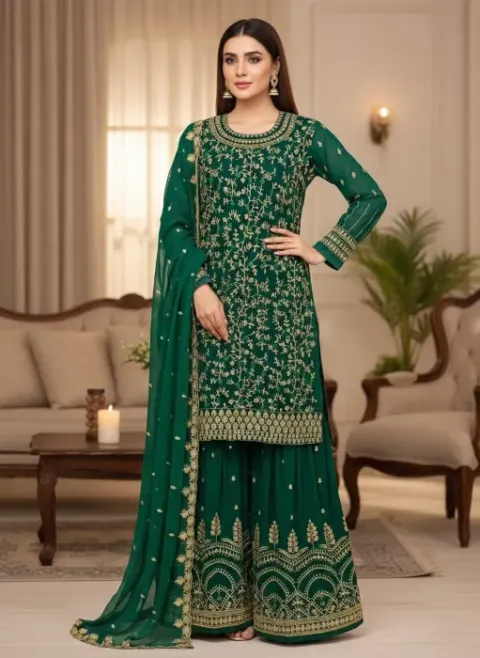 Green Embroidered Georgette Sharara Suit Set - Shopemart 1