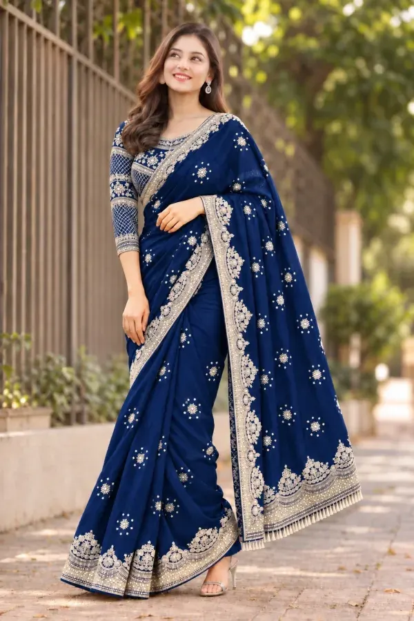 Navy Blue Luxury Bridal Georgette Saree with Heavy Embroidery & Sequin Work Designer Blouse
