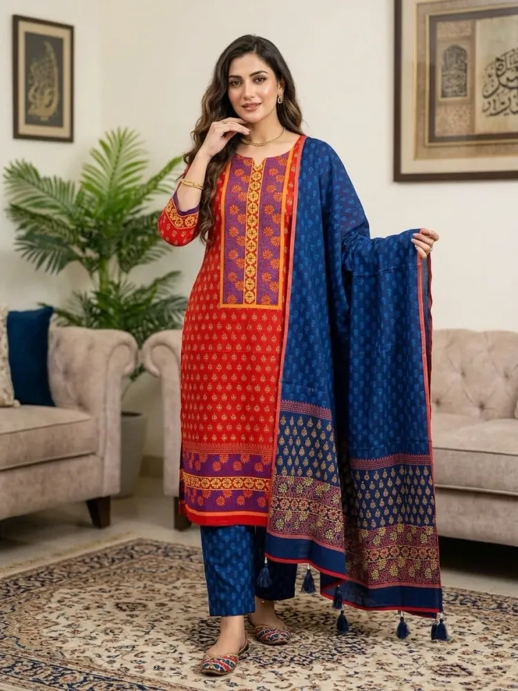 Red & Navy Cotton Block Print 3-Piece Salwar Kameez