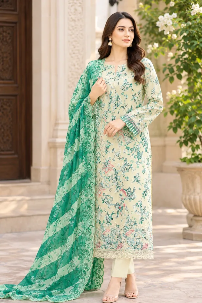 Cream & Green Soft Cotton Digital Print Embroidered 3-Piece Salwar Kameez