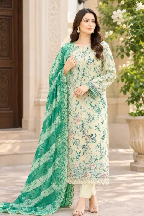 Cream & Green Soft Cotton Digital Print Embroidered 3-Piece Salwar Kameez