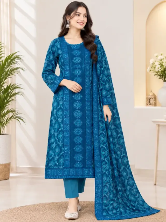 Peacock Blue Cotton Block Print Ready-Made 3-Piece Salwar Kameez