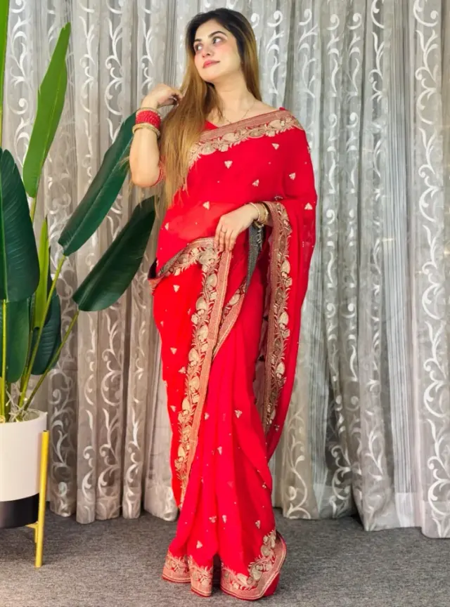 Luxury Designer Saree with Embroidery & Golden Zari Work - Shopemart 1