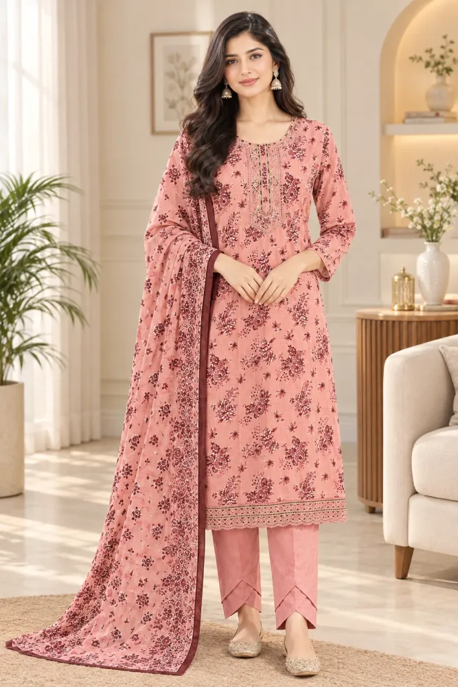 Peach Pink Soft Cotton Digital Print Embroidered 3-Piece Salwar Kameez