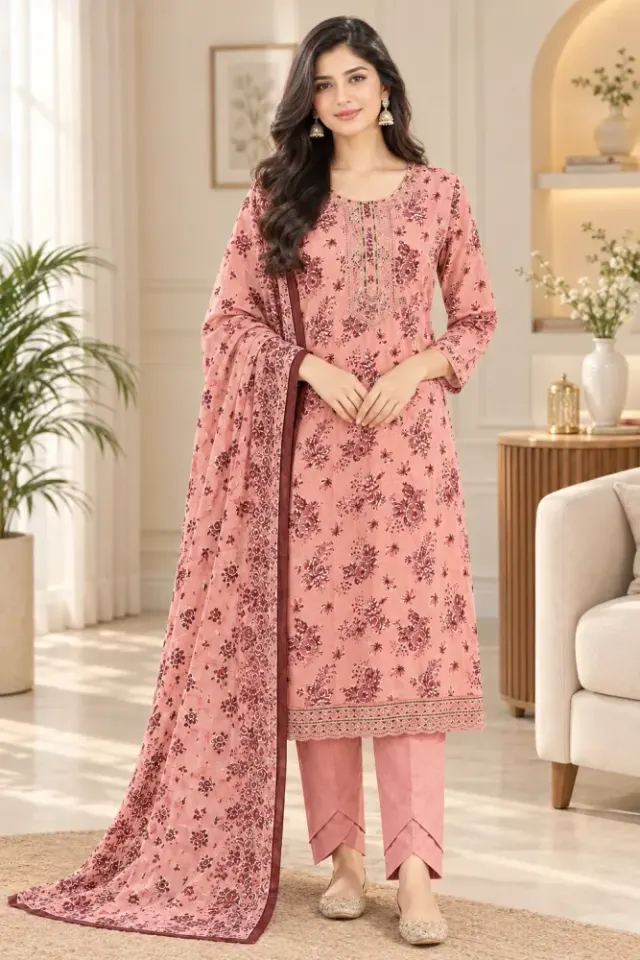 Peach Pink Soft Cotton Digital Print Embroidered 3-Piece Salwar Kameez