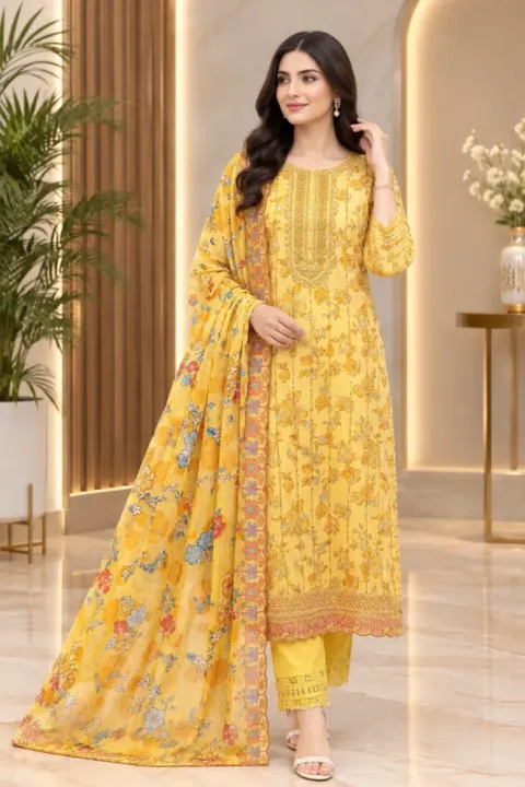 Yellow Soft Cotton Digital Print Embroidered & Sequin Work 3-Piece Salwar Kameez
