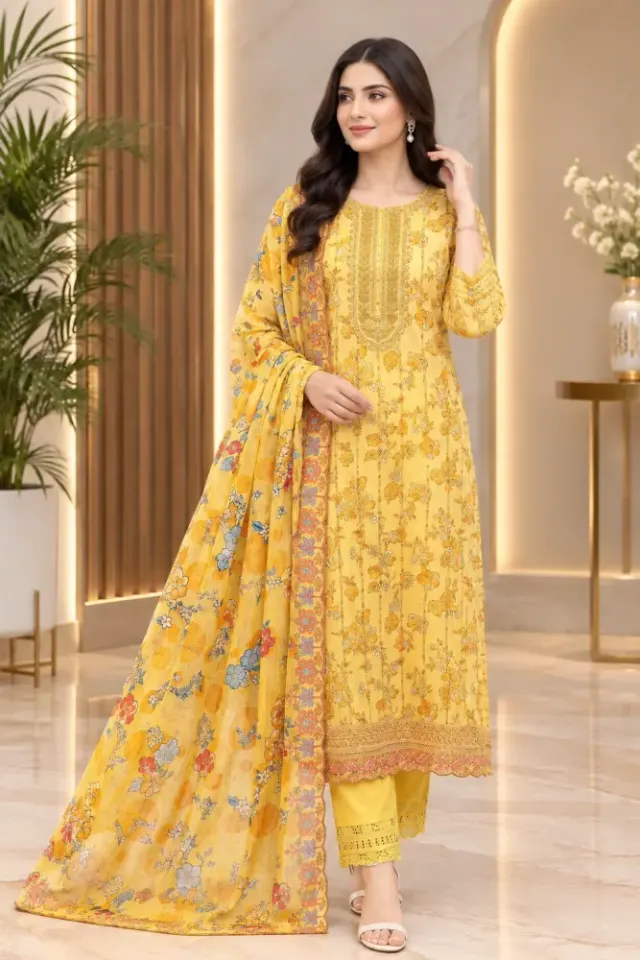 Yellow Soft Cotton Digital Print Embroidered & Sequin Work 3-Piece Salwar Kameez