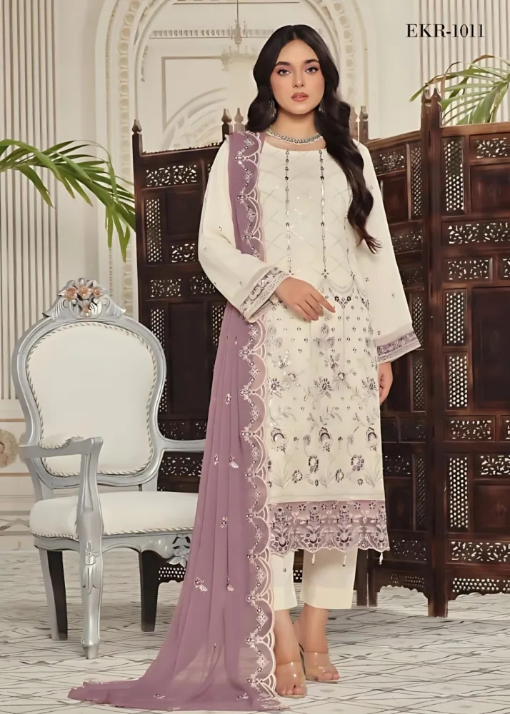 Pakistani Bin Hameed Middhat Embroidered Unstitched Chiffon Three Piece - Spanish White - Shopemart 1