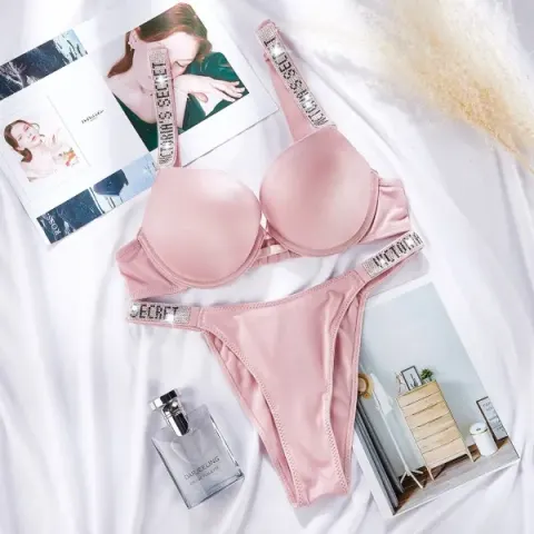 Pink Victoria Secret Style Premium Rhinestone Bra & Panty Set
