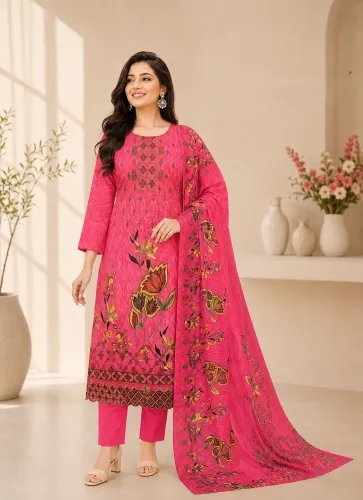 Hot Pink Soft Cotton Digital Print Embroidered 3-Piece Salwar Kameez