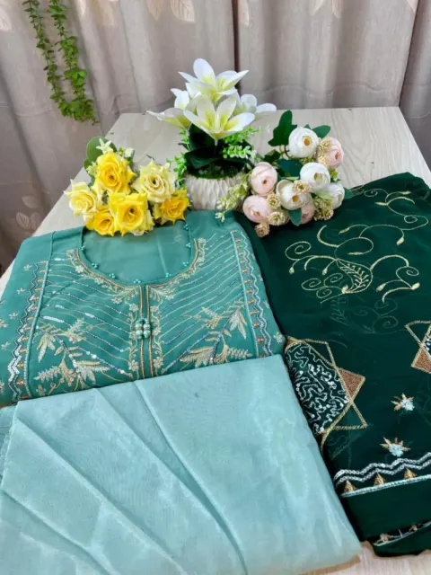 Aqua & Bottle Green Embroidered Georgette Semi-Stitched Salwar Suit