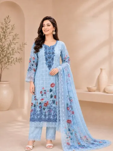 Sky Blue Soft Cotton Digital Print Embroidered 3-Piece Salwar Kameez