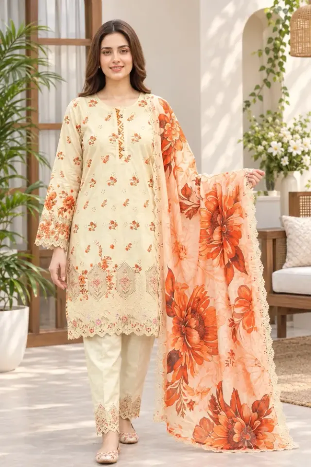 Cream & Orange Soft Cotton Digital Print Embroidered & Sequin Work 3-Piece Salwar Kameez