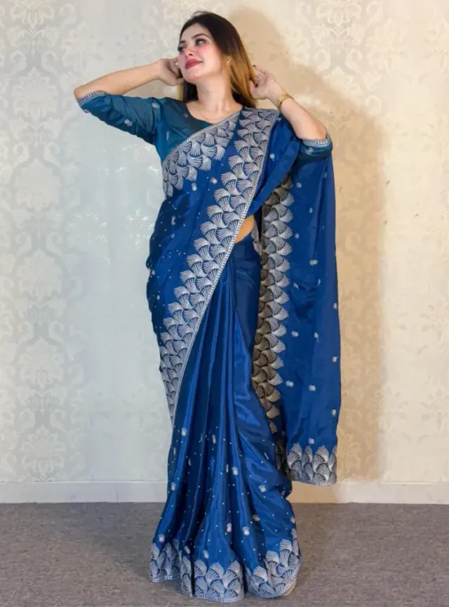 Luxury Designer Saree with Embroidery & Silver Zari Work