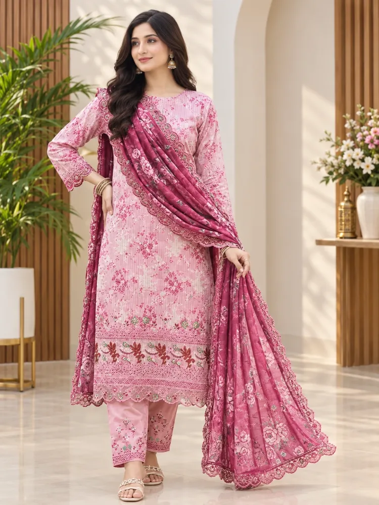Pink Soft Cotton Digital Print Embroidered 3-Piece Salwar Kameez