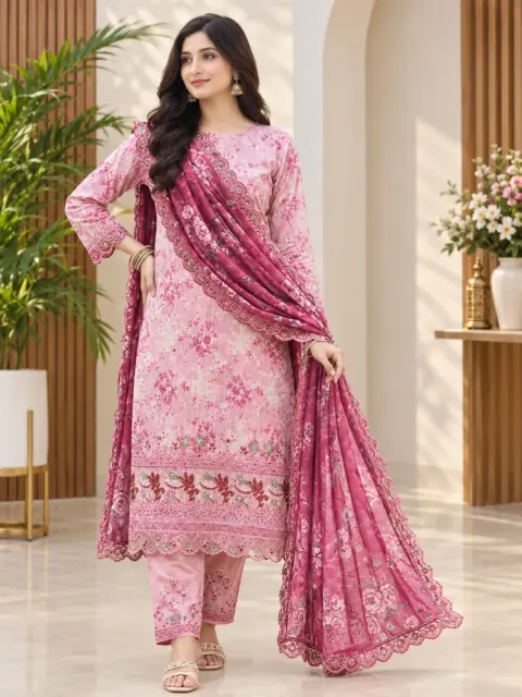Pink Soft Cotton Digital Print Embroidered 3-Piece Salwar Kameez