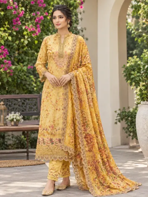 Mustard Yellow Soft Cotton Digital Print Embroidered 3-Piece Salwar Kameez