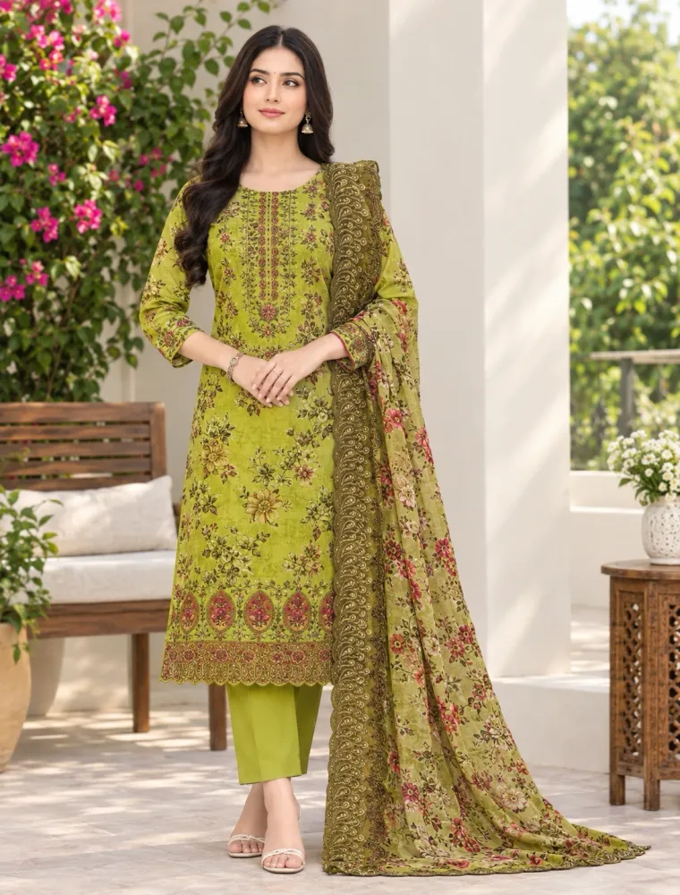 Olive Green Soft Cotton Digital Print Embroidered & Sequin Work 3-Piece Salwar Kameez