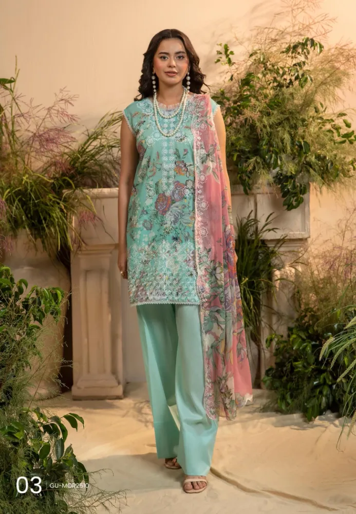 Gulljee Pakistani Organza Embroidered Digital Printed Lawn 3-Piece Suit - Shopemart 1