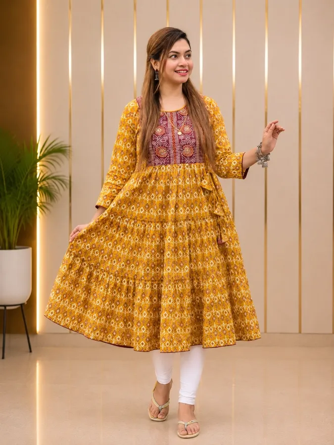 Embroidered Soft Aarong Cotton 1-Piece Anarkali Dress for Women - Shopemart