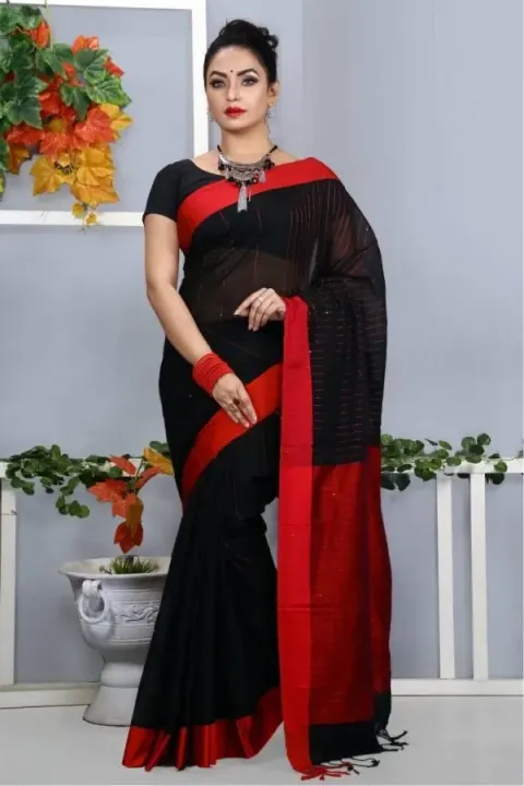 Black Party Wear Saree with Red Border