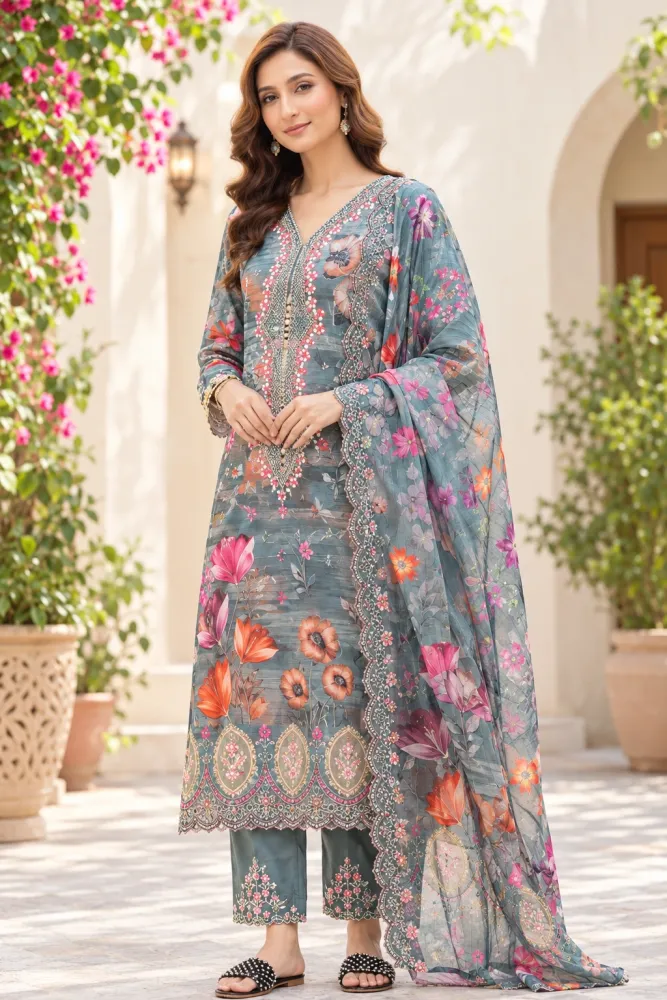 Slate Grey Soft Cotton Digital Print Embroidered 3-Piece Salwar Kameez