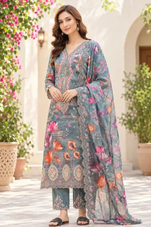 Slate Grey Soft Cotton Digital Print Embroidered 3-Piece Salwar Kameez