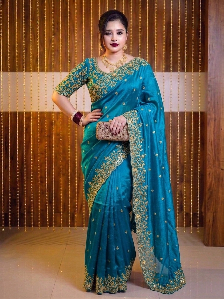 Teal Blue Embroidered Jimmy Choo Party Wear Saree for Women