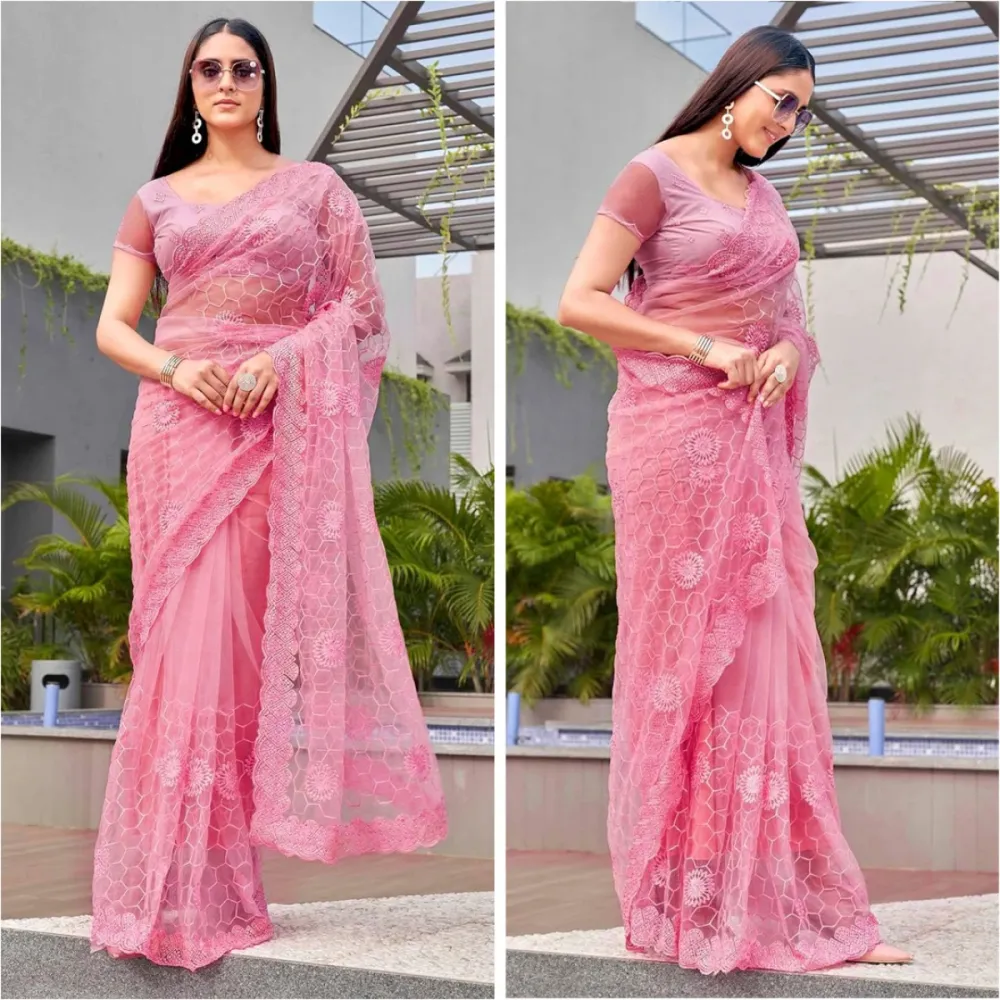 Baby Pink Embroidered Georgette Saree