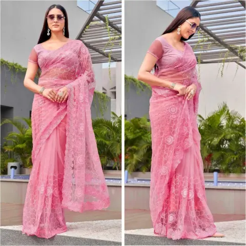 Baby Pink Embroidered Georgette Saree