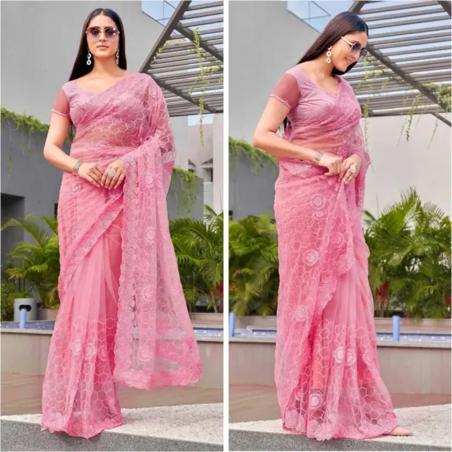 Baby Pink Embroidered Georgette Saree