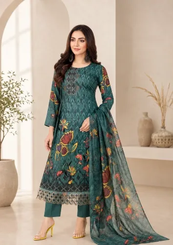 Teal Green Soft Cotton Digital Print Embroidered 3-Piece Salwar Kameez