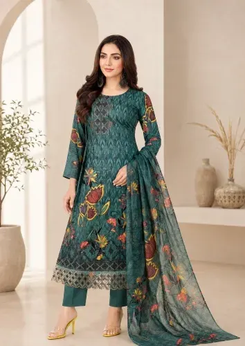 Teal Green Soft Cotton Digital Print Embroidered 3-Piece Salwar Kameez