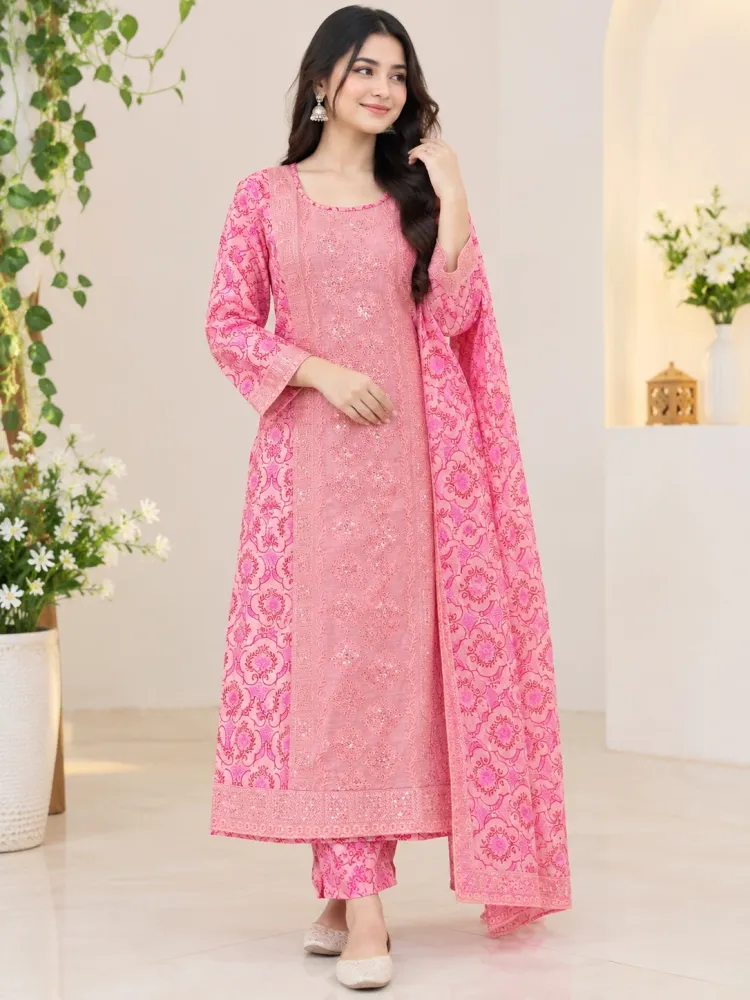Baby Pink Cotton Block Print Ready-Made 3-Piece Salwar Kameez