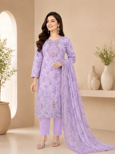 Lavender Soft Cotton Digital Print Embroidered 3-Piece Salwar Kameez