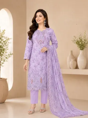 Lavender Soft Cotton Digital Print Embroidered 3-Piece Salwar Kameez