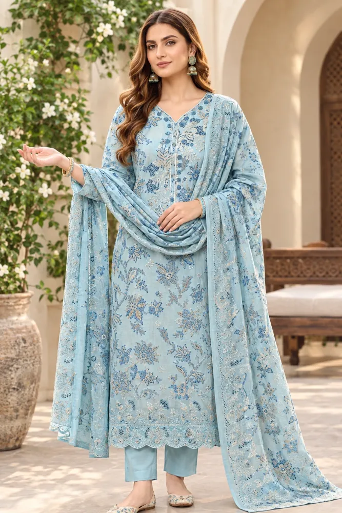 Sky Blue Soft Cotton Digital Print Embroidered 3-Piece Salwar Kameez