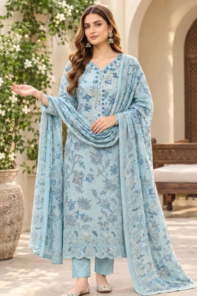 Sky Blue Soft Cotton Digital Print Embroidered 3-Piece Salwar Kameez