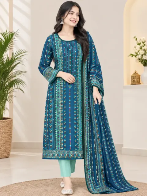 Teal Blue Cotton Block Print Ready-Made 3-Piece Salwar Kameez