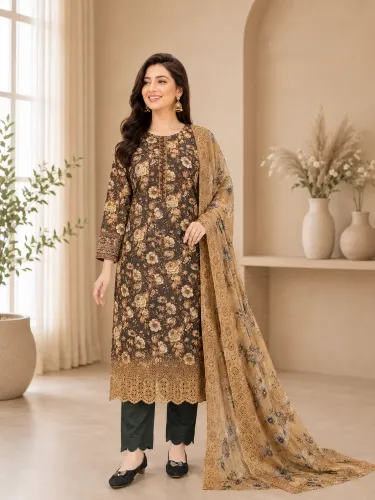 Brown Soft Cotton Digital Print Embroidered 3-Piece Salwar Kameez