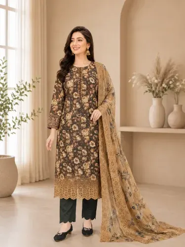 Brown Soft Cotton Digital Print Embroidered 3-Piece Salwar Kameez