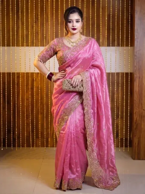 Pink Embroidered Jimmy Choo Party Wear Saree for Women