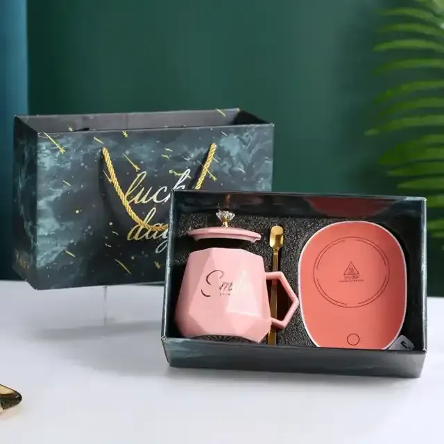 Electric Ceramic Coffee Mug Warmer Set - Pink